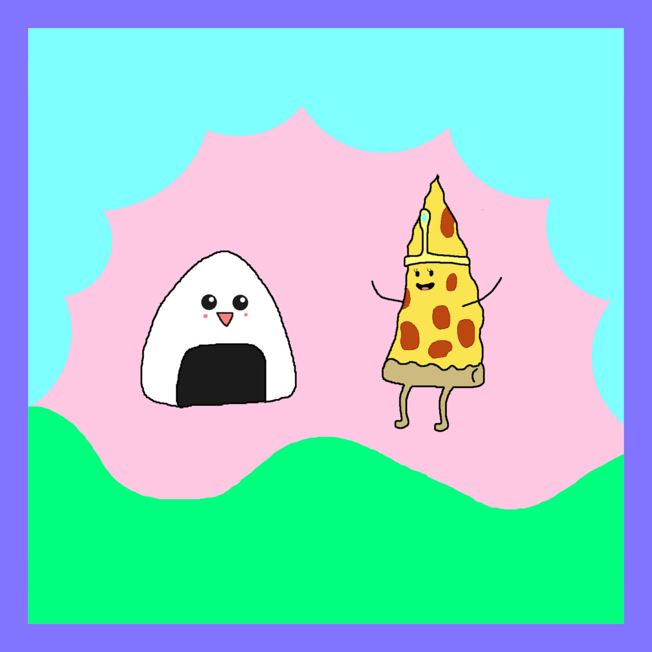An adventure time style drawing of a little sushi guy and pizza dude.